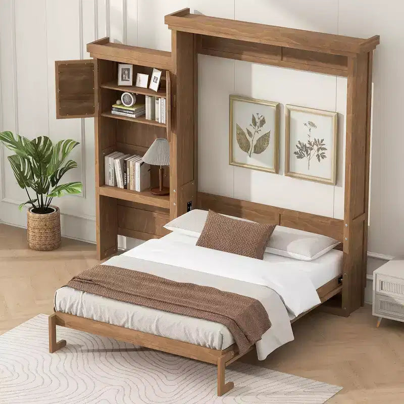 Queen Size Murphy Bed with Storage Shelves and Louvered Cabinet