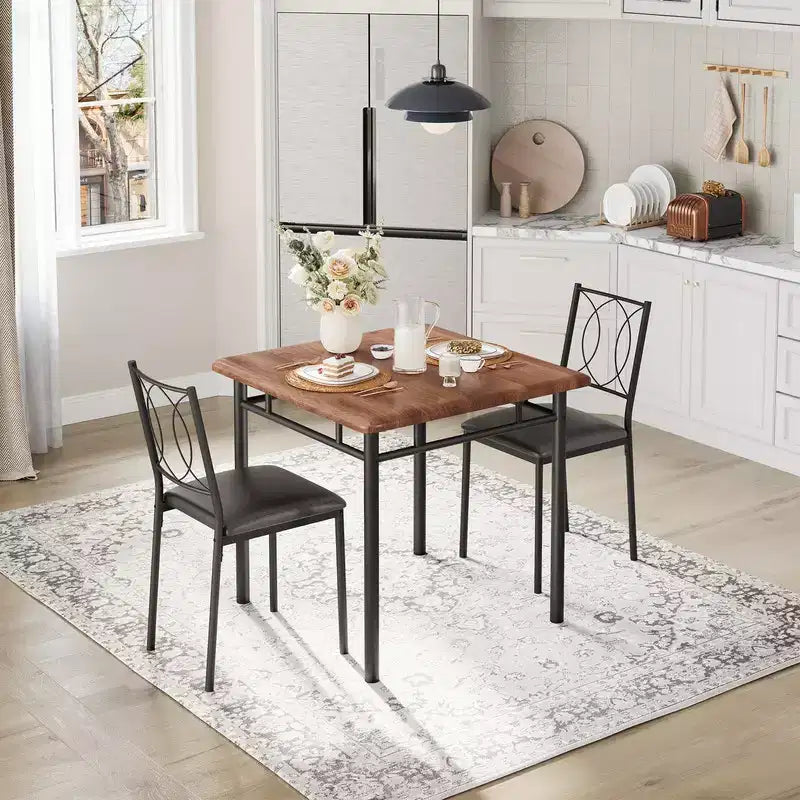Dining Table Set for 2, Small Kitchen Table with 2 Upholstered Chairs, Farmhouse Wood Dining Table Chairs for Kitchen Room, Apartment