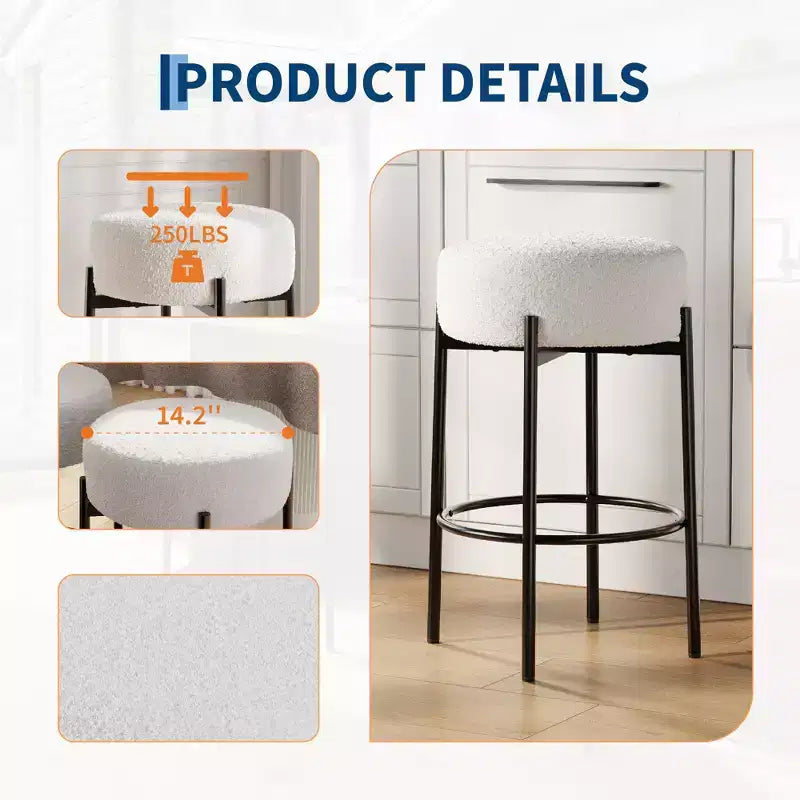 Set of 2 Modern 24 Counter Height Barstools with Soft Seat, Backless Design & Metal Legs for Kitchen Island, Bar, or Dining Room