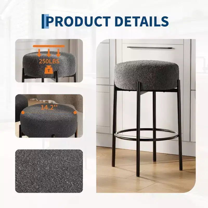 Set of 2 Modern 24 Counter Height Barstools with Soft Seat, Backless Design & Metal Legs for Kitchen Island, Bar, or Dining Room