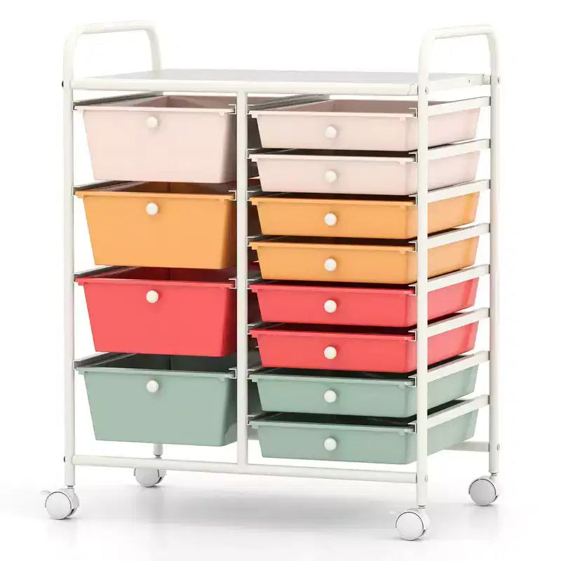 Costway 12-Drawer Rolling Storage Cart with Removable Drawers & Lockable Casters for Office Macaron Multicolor