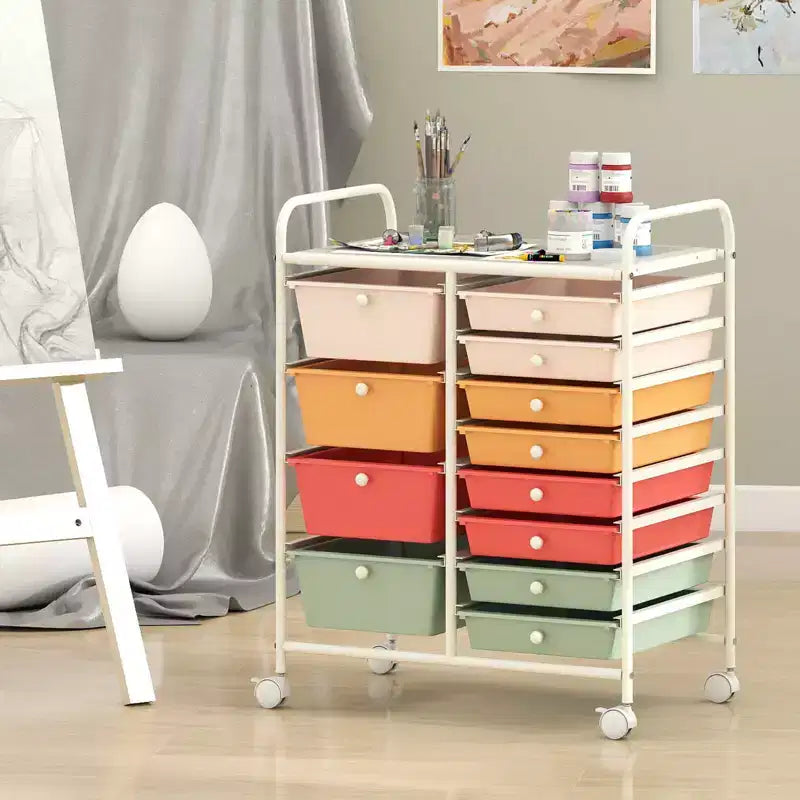 Costway 12-Drawer Rolling Storage Cart with Removable Drawers & Lockable Casters for Office Macaron Multicolor
