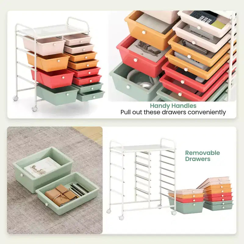Costway 12-Drawer Rolling Storage Cart with Removable Drawers & Lockable Casters for Office Macaron Multicolor