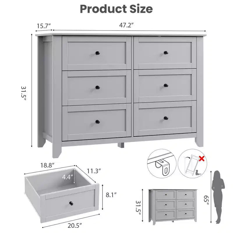 6-Drawer Dresser - 50 Wide Wooden Storage Chest with Metal Knobs for Bedroom, Entryway & Hallway