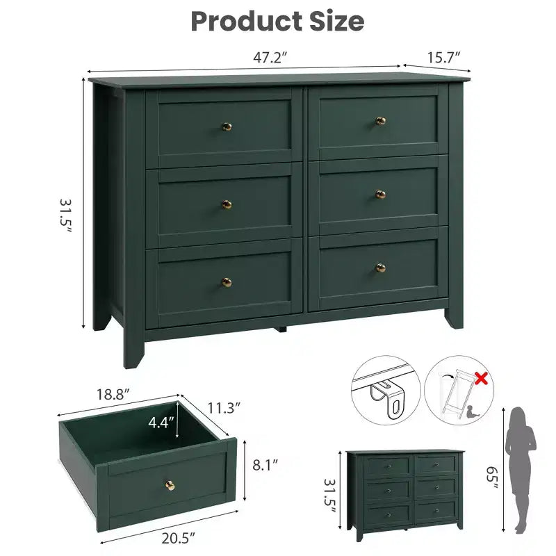 6-Drawer Dresser - 50 Wide Wooden Storage Chest with Metal Knobs for Bedroom, Entryway & Hallway