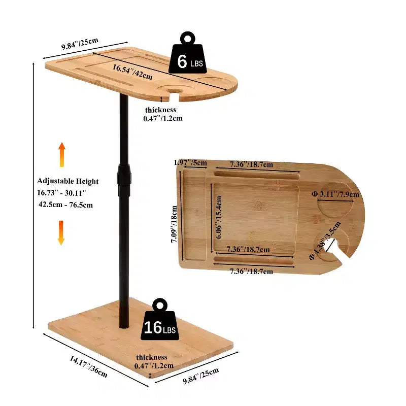 JVNOXK 2-in-1 Bamboo Couch Tray Table, Height Adjustable C-Shaped Side Table for Living Room Bedroom and Office