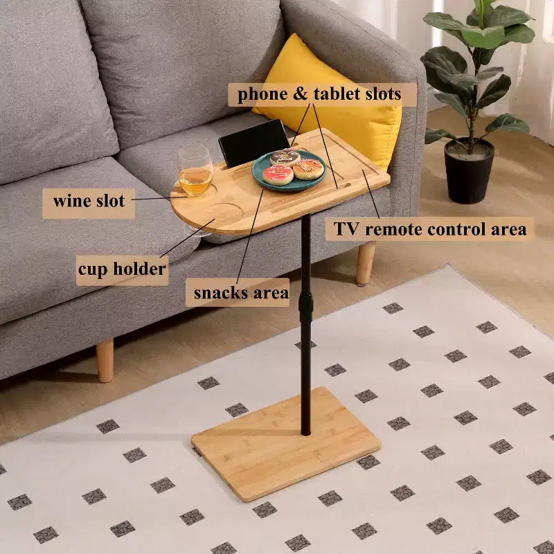 JVNOXK 2-in-1 Bamboo Couch Tray Table, Height Adjustable C-Shaped Side Table for Living Room Bedroom and Office