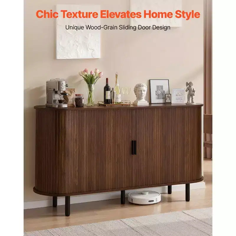 VEVOR Coffee Bar Cabinet, Mid Century Fluted Coffee Bar Table, Buffet Stand Cabinet with 2 Sliding Doors, Sideboard Buffet Station, Walnut