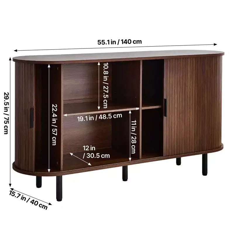 VEVOR Coffee Bar Cabinet, Mid Century Fluted Coffee Bar Table, Buffet Stand Cabinet with 2 Sliding Doors, Sideboard Buffet Station, Walnut