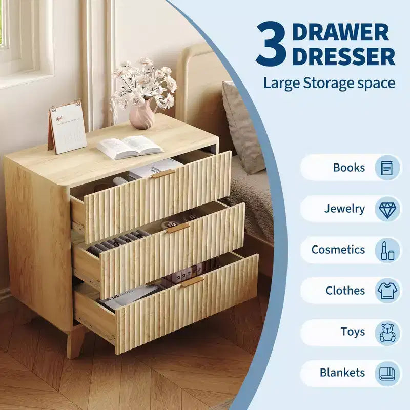 Fluted Night stand with 3 Drawer Dresser, Storage Nightstand Modern Side Table, 27 Wide Bedside End Table with Metal HandleNatural Oak