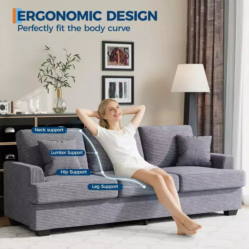 Canapé 86 places en cuir/velours côtelé, canapé moderne à assise profonde avec 2 coussins décoratifs, coussin rembourré et housse amovible pour petits espaces, appartements et salons