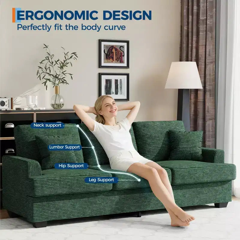 Canapé 86 places en cuir/velours côtelé, canapé moderne à assise profonde avec 2 coussins décoratifs, coussin rembourré et housse amovible pour petits espaces, appartements et salons