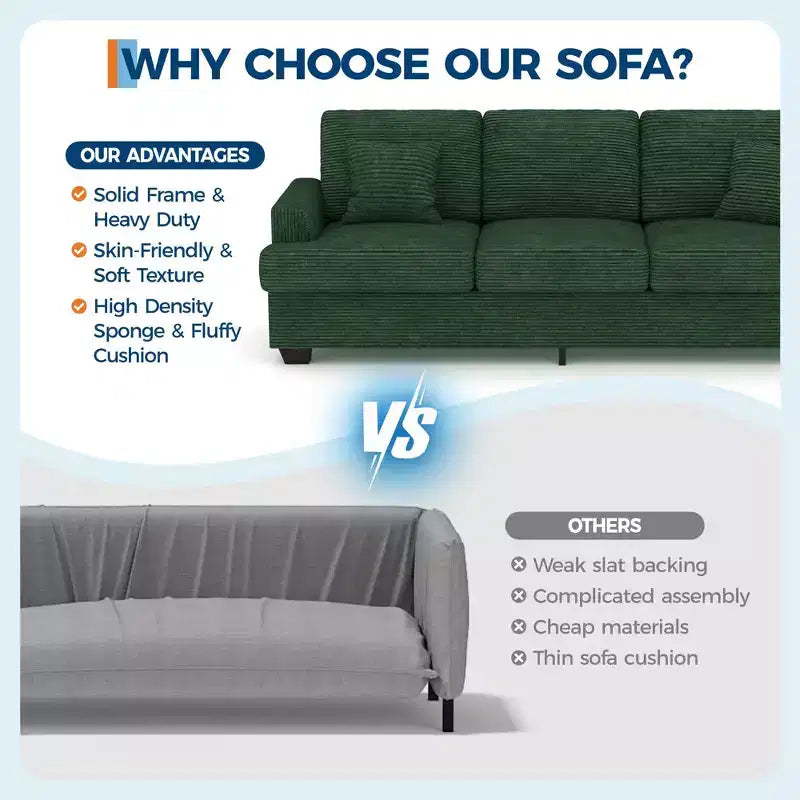 Canapé 86 places en cuir/velours côtelé, canapé moderne à assise profonde avec 2 coussins décoratifs, coussin rembourré et housse amovible pour petits espaces, appartements et salons