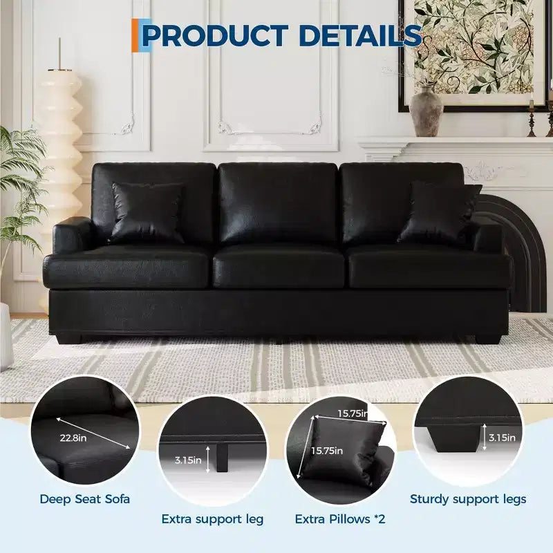 Canapé 86 places en cuir/velours côtelé, canapé moderne à assise profonde avec 2 coussins décoratifs, coussin rembourré et housse amovible pour petits espaces, appartements et salons