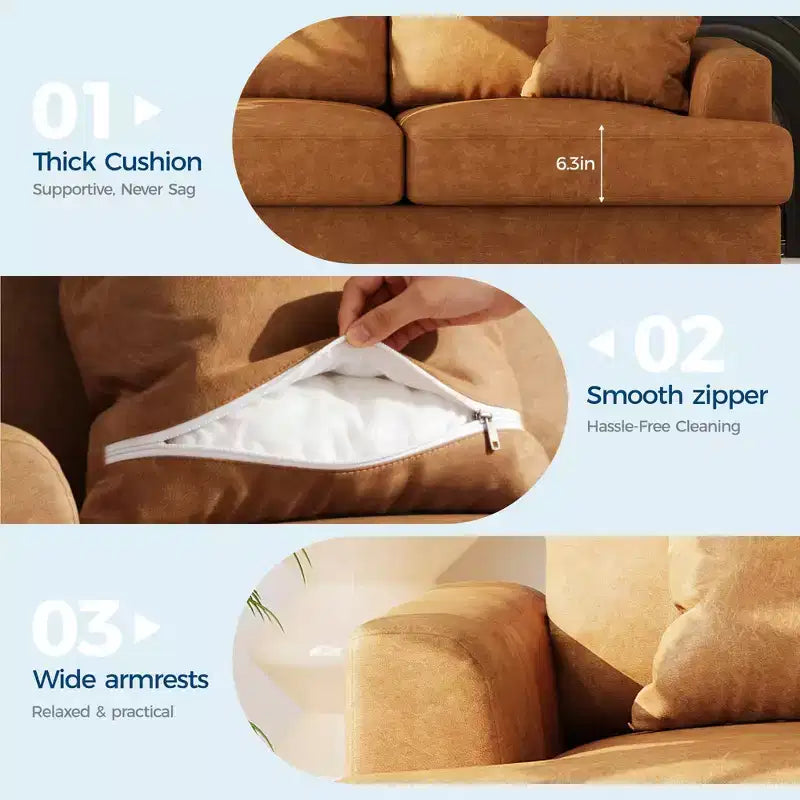 Canapé 86 places en cuir/velours côtelé, canapé moderne à assise profonde avec 2 coussins décoratifs, coussin rembourré et housse amovible pour petits espaces, appartements et salons