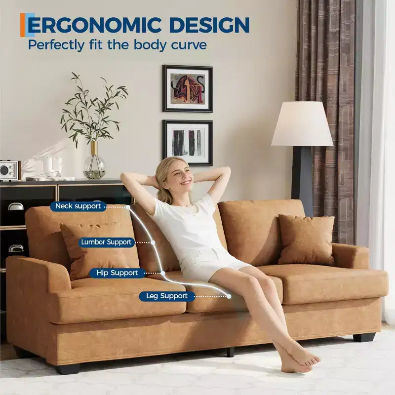 Canapé 86 places en cuir/velours côtelé, canapé moderne à assise profonde avec 2 coussins décoratifs, coussin rembourré et housse amovible pour petits espaces, appartements et salons