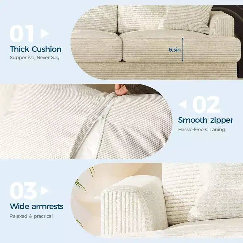 Canapé 86 places en cuir/velours côtelé, canapé moderne à assise profonde avec 2 coussins décoratifs, coussin rembourré et housse amovible pour petits espaces, appartements et salons