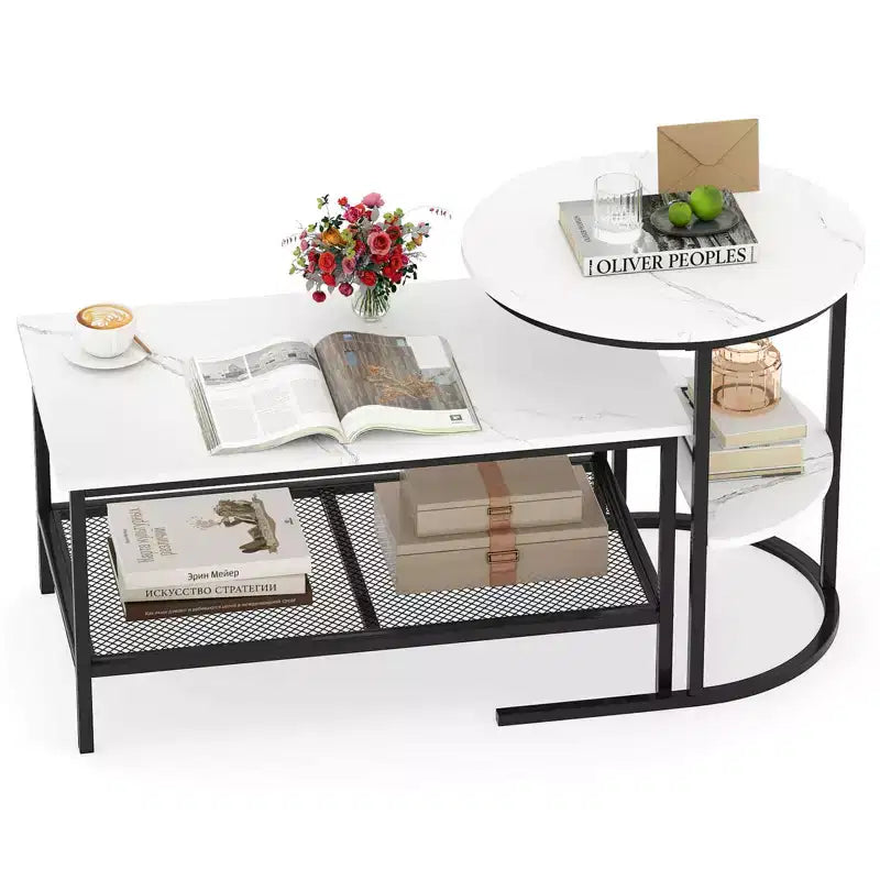 Costway Coffee Table Set of 2 2-Tier Rectangle Coffee Table and Side End Table White & Gold/Rustic Brown & Black/White & Black