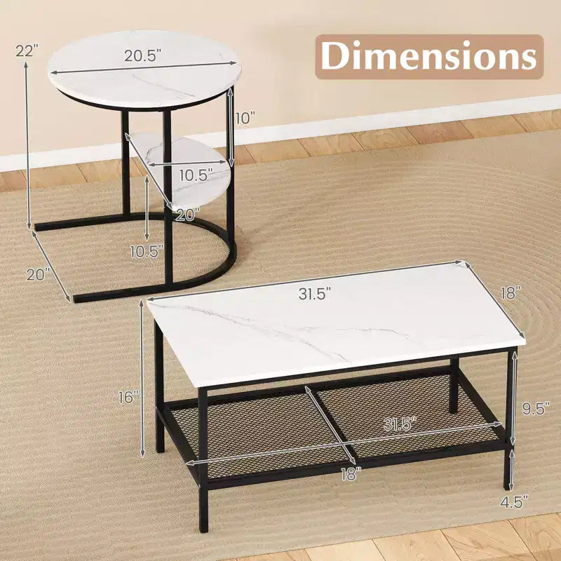 Costway Coffee Table Set of 2 2-Tier Rectangle Coffee Table and Side End Table White & Gold/Rustic Brown & Black/White & Black