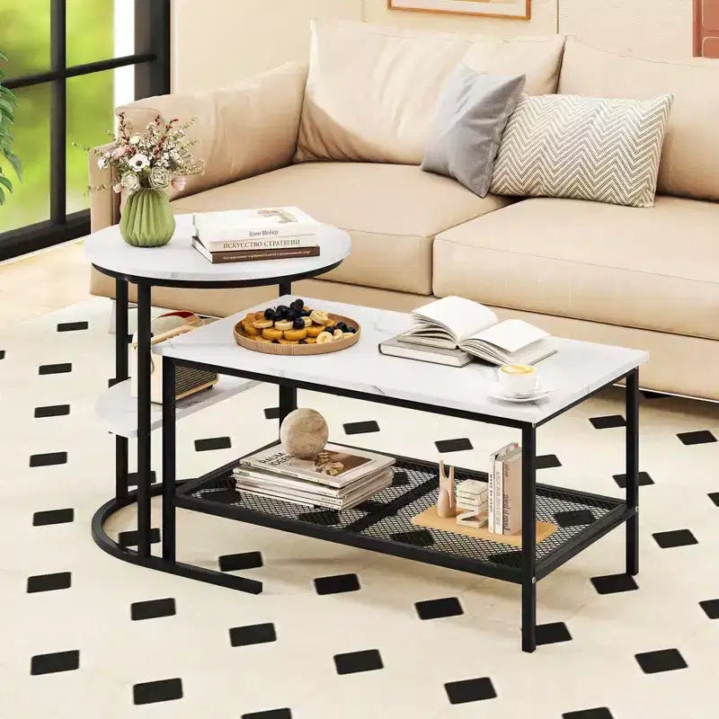 Costway Coffee Table Set of 2 2-Tier Rectangle Coffee Table and Side End Table White & Gold/Rustic Brown & Black/White & Black