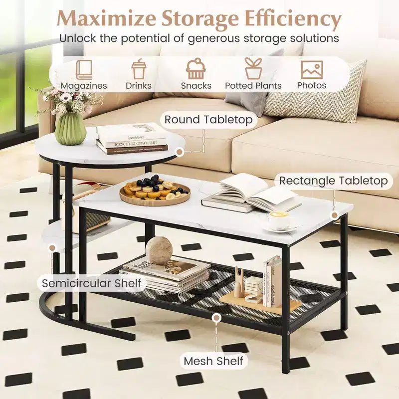 Costway Coffee Table Set of 2 2-Tier Rectangle Coffee Table and Side End Table White & Gold/Rustic Brown & Black/White & Black