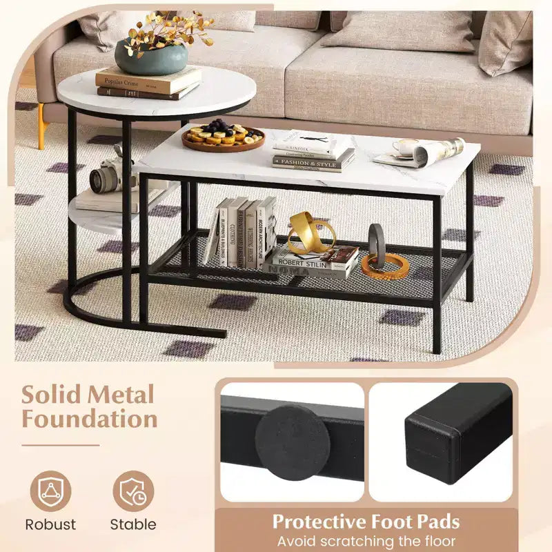 Costway Coffee Table Set of 2 2-Tier Rectangle Coffee Table and Side End Table White & Gold/Rustic Brown & Black/White & Black