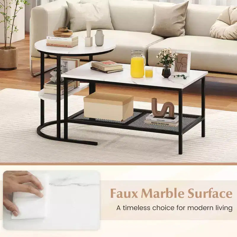 Costway Coffee Table Set of 2 2-Tier Rectangle Coffee Table and Side End Table White & Gold/Rustic Brown & Black/White & Black