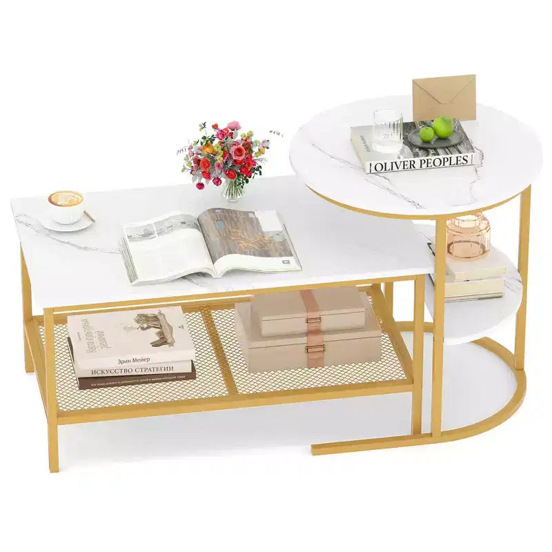 Costway Coffee Table Set of 2 2-Tier Rectangle Coffee Table and Side End Table White & Gold/Rustic Brown & Black/White & Black