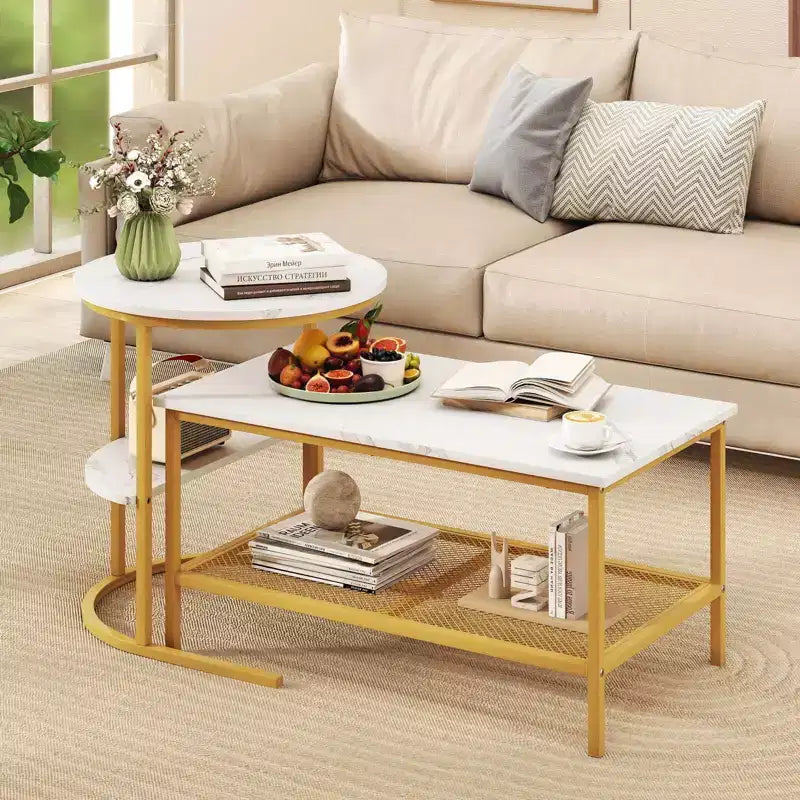 Costway Coffee Table Set of 2 2-Tier Rectangle Coffee Table and Side End Table White & Gold/Rustic Brown & Black/White & Black