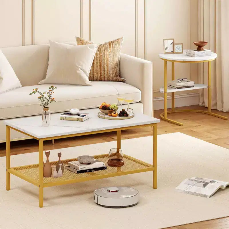 Costway Coffee Table Set of 2 2-Tier Rectangle Coffee Table and Side End Table White & Gold/Rustic Brown & Black/White & Black