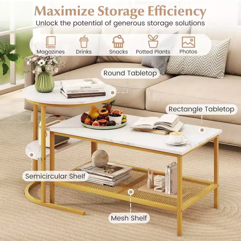 Costway Coffee Table Set of 2 2-Tier Rectangle Coffee Table and Side End Table White & Gold/Rustic Brown & Black/White & Black