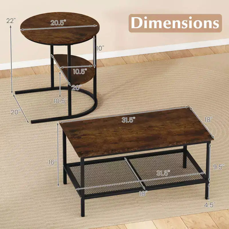 Costway Coffee Table Set of 2 2-Tier Rectangle Coffee Table and Side End Table White & Gold/Rustic Brown & Black/White & Black