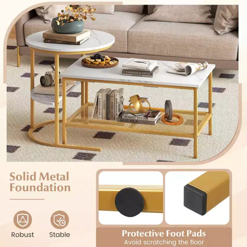 Costway Coffee Table Set of 2 2-Tier Rectangle Coffee Table and Side End Table White & Gold/Rustic Brown & Black/White & Black