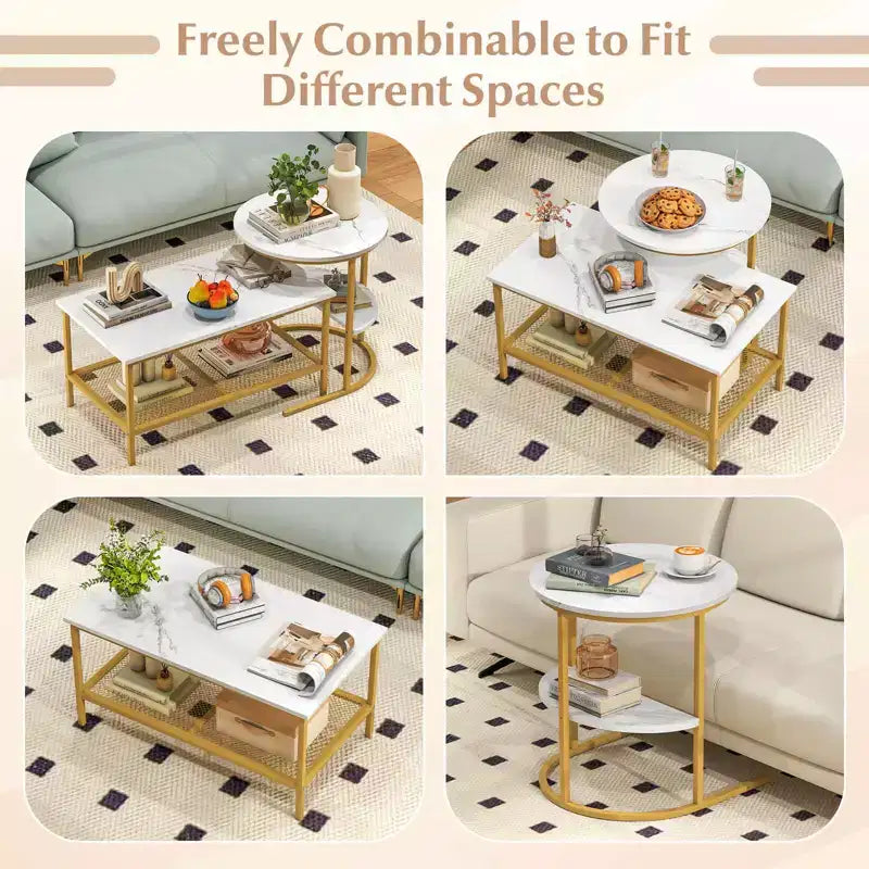Costway Coffee Table Set of 2 2-Tier Rectangle Coffee Table and Side End Table White & Gold/Rustic Brown & Black/White & Black