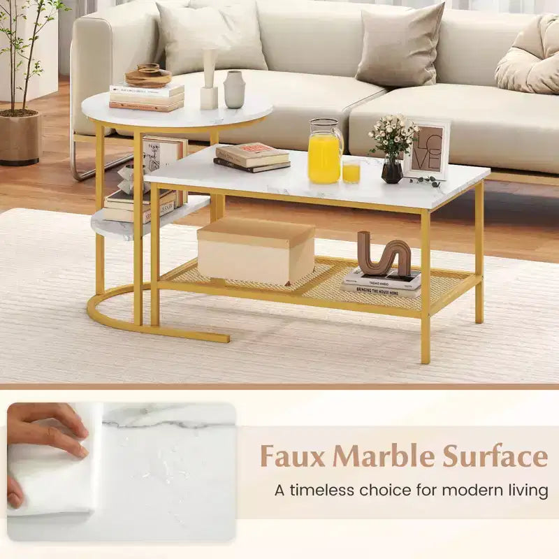 Costway Coffee Table Set of 2 2-Tier Rectangle Coffee Table and Side End Table White & Gold/Rustic Brown & Black/White & Black
