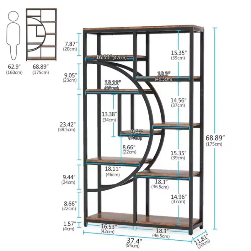 NAYSAYE Geometric Bookshelf Freestanding Metal Wood Display Shelf 9 Tier Industrial Storage Rack for Living Room Office, Black, 37.43*11.82*68.56