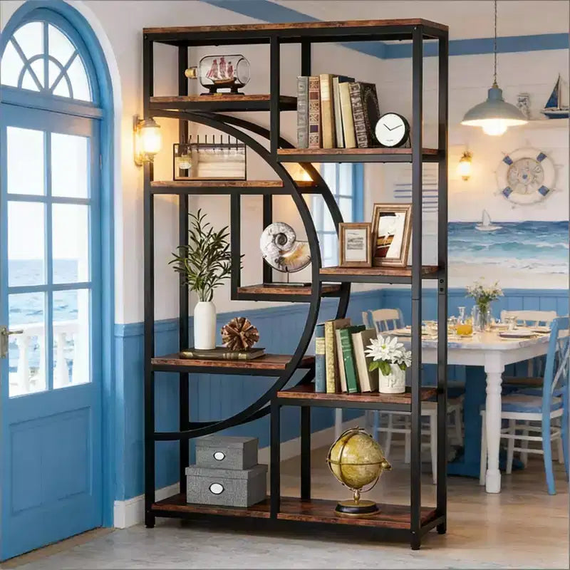 NAYSAYE Geometric Bookshelf Freestanding Metal Wood Display Shelf 9 Tier Industrial Storage Rack for Living Room Office, Black, 37.43*11.82*68.56