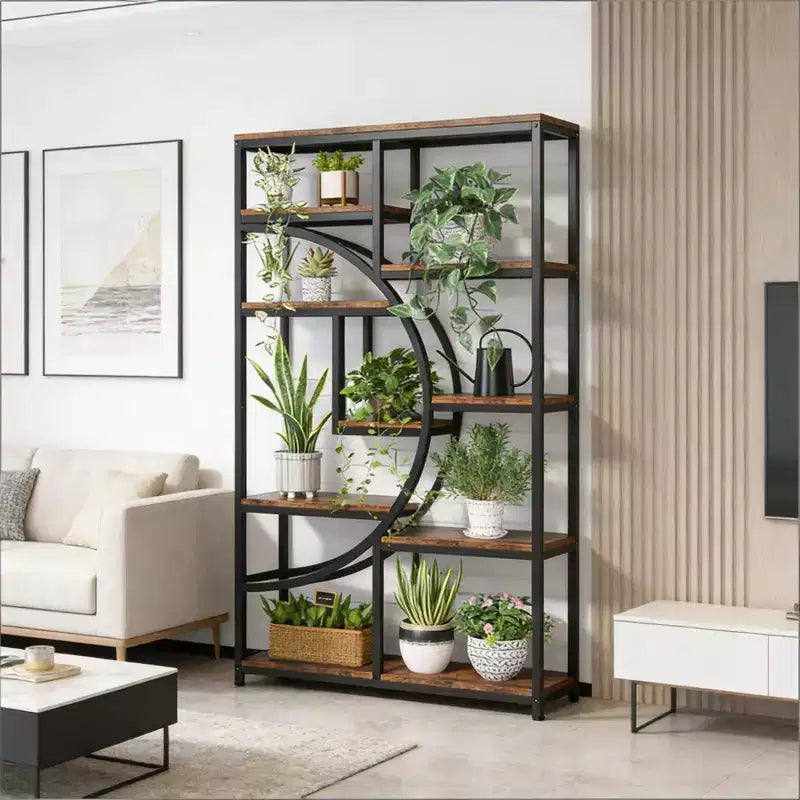 NAYSAYE Geometric Bookshelf Freestanding Metal Wood Display Shelf 9 Tier Industrial Storage Rack for Living Room Office, Black, 37.43*11.82*68.56
