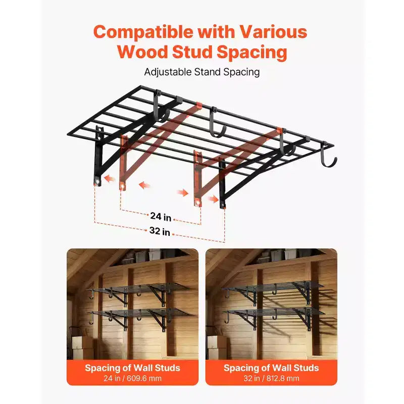 VEVOR 2-Tier Wall Garage Shelving, 2 x 4 ft Steel Wall Mounted Shelving Unit with Hooks, 24 x 48 Inch Per Shelf, 520 lbs Total Weight Capacity, Black