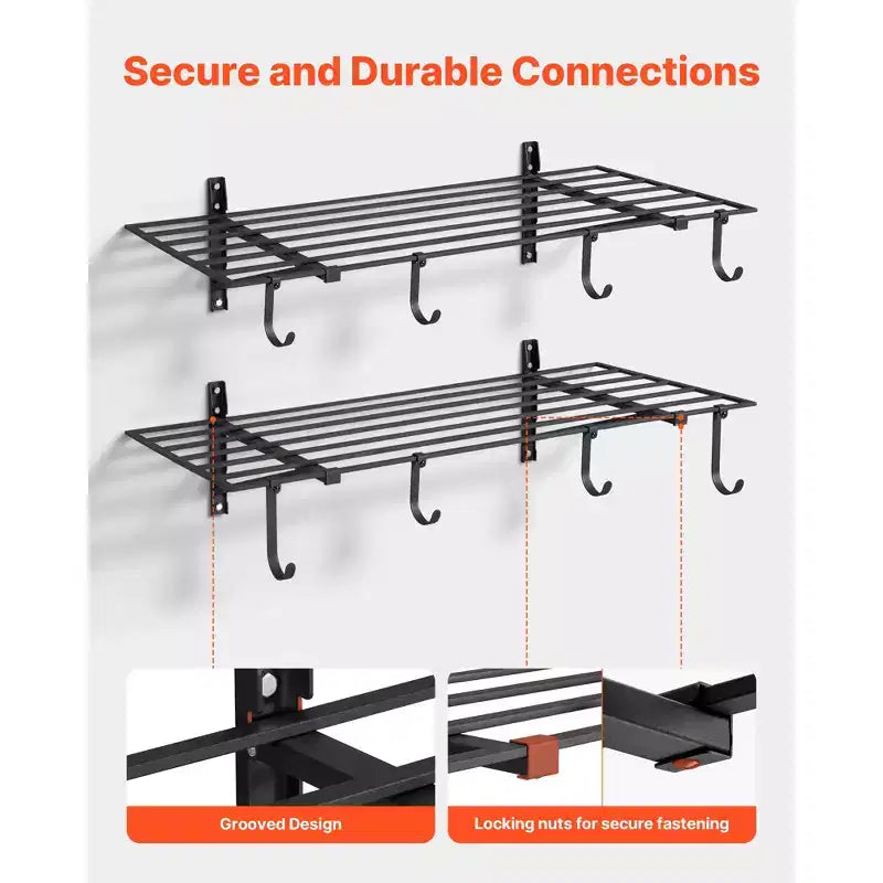 VEVOR 2-Tier Wall Garage Shelving, 2 x 4 ft Steel Wall Mounted Shelving Unit with Hooks, 24 x 48 Inch Per Shelf, 520 lbs Total Weight Capacity, Black