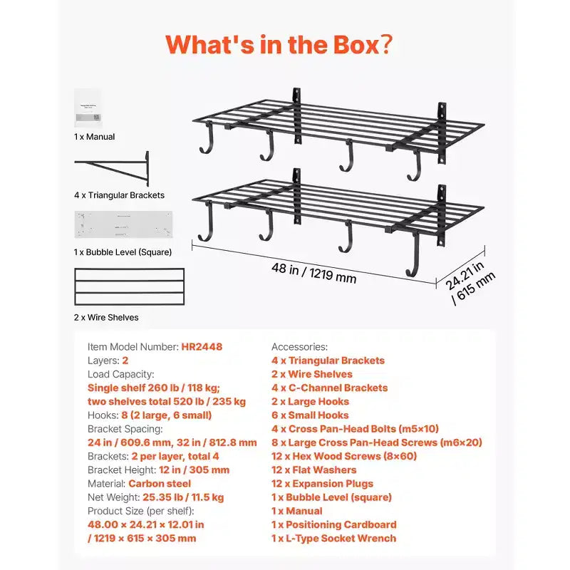 VEVOR 2-Tier Wall Garage Shelving, 2 x 4 ft Steel Wall Mounted Shelving Unit with Hooks, 24 x 48 Inch Per Shelf, 520 lbs Total Weight Capacity, Black