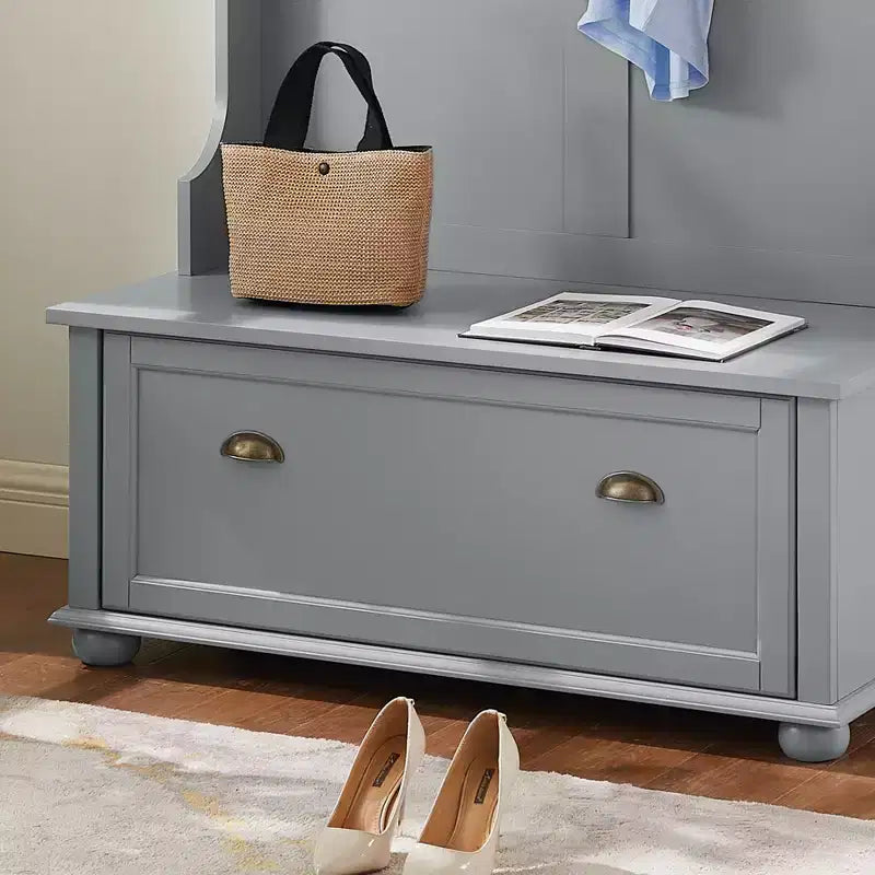 Hall Tree with Shoe Rack Bench, Coat Hooks, and Open Shelves for Entryway Storage and Organization
