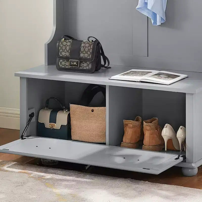 Hall Tree with Shoe Rack Bench, Coat Hooks, and Open Shelves for Entryway Storage and Organization