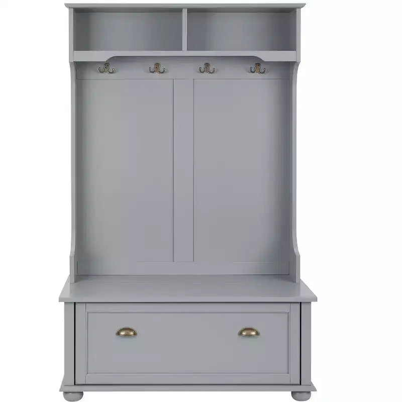 Hall Tree with Shoe Rack Bench, Coat Hooks, and Open Shelves for Entryway Storage and Organization