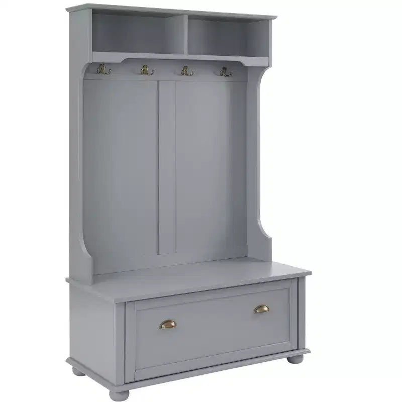 Hall Tree with Shoe Rack Bench, Coat Hooks, and Open Shelves for Entryway Storage and Organization