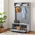 Hall Tree with Shoe Rack Bench, Coat Hooks, and Open Shelves for Entryway Storage and Organization