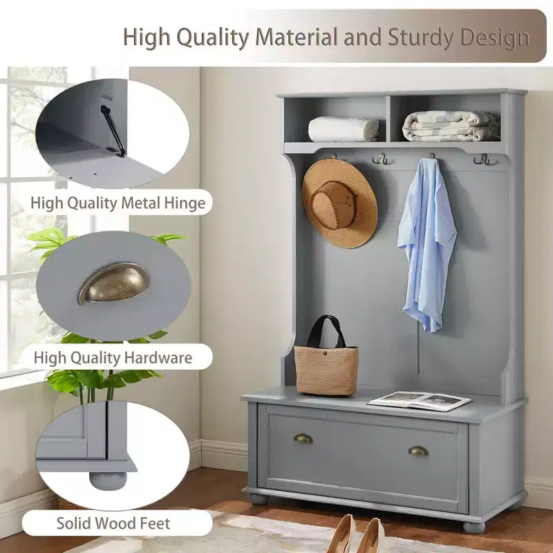 Hall Tree with Shoe Rack Bench, Coat Hooks, and Open Shelves for Entryway Storage and Organization