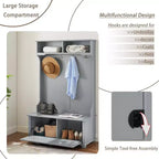 Hall Tree with Shoe Rack Bench, Coat Hooks, and Open Shelves for Entryway Storage and Organization