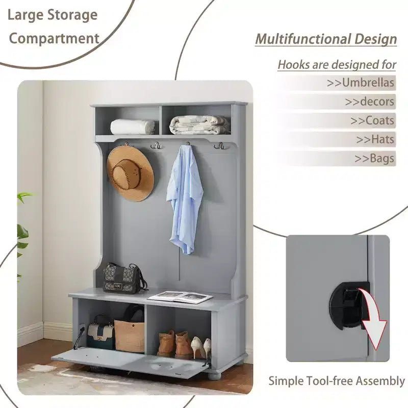 Hall Tree with Shoe Rack Bench, Coat Hooks, and Open Shelves for Entryway Storage and Organization