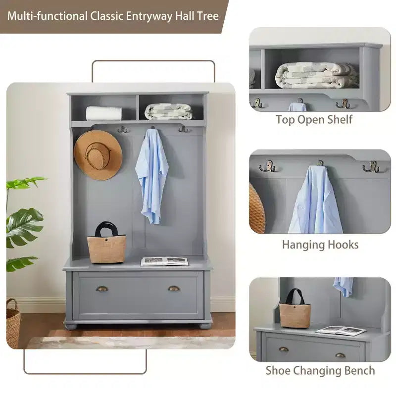 Hall Tree with Shoe Rack Bench, Coat Hooks, and Open Shelves for Entryway Storage and Organization